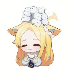 1girl animal animal_ear_fluff animal_ears animal_on_head bird bird_on_head blonde_hair blue_archive bonefire0909 closed_eyes cross_halo cup forehead fox_ears fox_girl hair_ornament halo highres holding holding_cup long_hair on_head seia_(blue_archive) simple_background sleeves_past_wrists tit_(bird) white_background white_bird yellow_halo