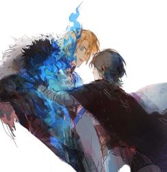 Rule 34 | 2boys, armor, black armor, black cape, black fur, blonde hair, blue eyes, blue fire, cape, chinese commentary, commentary request, dimitri alexandre blaiddyd, dimitri alexandre blaiddyd (timeskip), fire, fire emblem, fire emblem: three houses, fur trim, gongzuotianxiadiyi, hand on another&#039;s chest, looking at another, male byleth (fire emblem), male focus, multiple boys, nintendo, outstretched arm, parted lips, teeth, white background, white fur, wolf cut