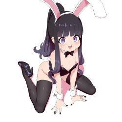 bad_tag black_bow black_bowtie black_nails blush bowtie breasts cardcaptor_sakura cromachina daidouji_tomoyo flat_chest high_heels leotard loli long_hair looking_at_viewer nipple_slip nipples open_mouth playboy_bunny ponytail rabbit_ears sitting thighhighs wrist_cuffs