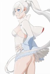 1girl ass blue_eyes breasts from_behind hand_on_own_hip highres lips long_hair looking_at_viewer looking_back medium_breasts panties pantyshot rwby scar scar_across_eye scar_on_face shiny_skin side_ponytail simple_background skirt solo standing underwear upskirt wangxiii weiss_schnee white_background white_panties