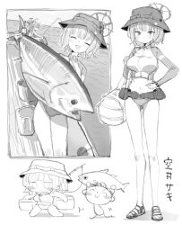 Rule 34 | 1boy, 2girls, belt, bikini, blue archive, breasts, bucket hat, doodle sensei (blue archive), fish, greyscale, halo, hat, highres, kotatu (akaki01aoki00), large breasts, medium hair, miyu (blue archive), miyu (swimsuit) (blue archive), monochrome, multiple girls, saki (blue archive), saki (swimsuit) (blue archive), sensei (blue archive), sketch, swimsuit, tuna, utility belt