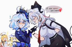 Rule 34 | 4girls, absurdres, ahoge, arm strap, black gloves, blonde hair, blue eyes, blue hair, blue hat, blue jacket, breasts, closed eyes, commentary, english commentary, english text, escoffier (genshin impact), furina (genshin impact), genshin impact, gloves, grey hair, grin, hat, heart, highres, horns, jacket, large breasts, long hair, long sleeves, mizah (mizah), mole, mole under eye, multiple girls, necktie, o o, phoebe (wuthering waves), red necktie, shirt, short hair, simple background, smile, very long hair, white background, white hat, white shirt, wuthering waves, zani (wuthering waves)