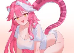1girl :3 agogo_(mebinli) animal_ears bent_over blush breasts cleavage collarbone commentary hair_intakes hashtag-only_commentary highres hololive hololive_english long_hair looking_at_viewer multicolored_hair open_mouth panther_ears panther_girl panther_tail panties pink_hair raora_panthera shirt short_sleeves simple_background smile solo streaked_hair tail thighs two-tone_hair underwear virtual_youtuber white_background white_hair white_panties white_shirt yellow_eyes