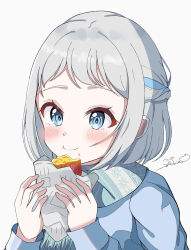 1girl blue_eyes blue_hair blush braid commentary_request eating food food_on_face gakuen_idolmaster grey_hair half_updo highres holding holding_food idolmaster katsuragi_lilja kousakakuu0803 long_sleeves multicolored_hair roasted_sweet_potato scarf short_hair smile solo streaked_hair sweet_potato upper_body