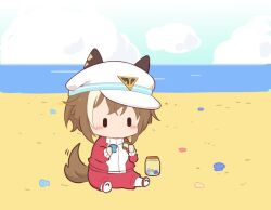 1girl animal_ears beach blush brown_hair cheval_grand_(umamusume) chibi chibi_only cloud commentary_request day ears_through_headwear full_body gomashio_(goma_feet) hat holding_seashell horse_ears horse_girl horse_tail jacket jar long_sleeves multicolored_hair ocean outdoors pants red_jacket red_pants red_shoes shoes short_hair sitting sky solo tail tracen_training_uniform track_jacket two-tone_hair umamusume white_hair white_hat |_|