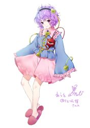 1girl black_hairband blue_shirt closed_mouth collared_shirt eyeball frilled_shirt_collar frilled_sleeves frills full_body hair_between_eyes hair_ornament hairband heart heart_hair_ornament highres kishida_mel komeiji_satori long_sleeves pink_eyes pink_skirt pleated_skirt purple_hair second-party_source shirt short_hair simple_background skirt sleeves_past_wrists slippers smile solo third_eye touhou white_background wide_sleeves