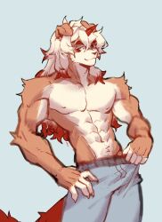 1boy abs absurdres arknights bara blue_background claws closed_mouth colored_tips commentary english_commentary furry furry_male hands_on_own_hips highres horns hung_(arknights) komainu_boy komainu_ears komainu_tail looking_at_viewer male_focus multicolored_hair muscular muscular_male navel nipples pectorals single_horn smile topless_male turro0on