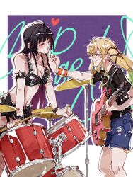 2girls black_bra black_hair black_shirt black_shorts blonde_hair blue_shorts blush bra breasts cleavage commentary cymbals drum drum_set drumsticks electric_guitar female_focus guitar heart highres holding holding_drumsticks holding_guitar holding_instrument instrument kurogane_otoha long_hair looking_at_another medium_breasts middle_finger multiple_girls navel par_sato parted_lips purple_eyes rock_wa_lady_no_tashinami_deshite shirt short_sleeves shorts smile spiked_bra spiked_shorts suzunomiya_lilisa sweat symbol-only_commentary twintails underwear wristband yuri