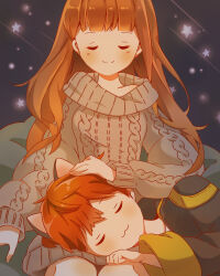 1boy 1girl 707_(susanghan_messenger) :3 absurdres animal_ears blunt_bangs brown_hair brown_sweater cat_boy cat_ears closed_mouth commentary hand_on_another&#039;s_head hetero highres lap_pillow long_sleeves orange_hair protagonist_(susanghan_messenger) sleeping smile star_(symbol) susanghan_messenger sweater tz_(maomituanzi)