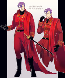 1boy belt black_boots black_eyes black_gloves boots dazzling3ti gloves half_mask highres long_sleeves male_focus mask multiple_views nintendo pokemon purple_hair sheath sheathed short_hair sword tabitha_(pokemon) watermark weapon white_background