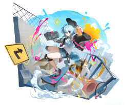 1girl absurdres bag belt black_eyes black_hat black_jacket black_shoes blue_hair blue_shorts blush brown_belt can cat closed_mouth commentary day flat_cap full_body glasses hair_between_eyes hat highres holding holding_bag holding_can jacket knee_pads long_hair long_sleeves nanagom open_clothes open_jacket original outdoors paint_can shirt shoes shorts skateboard sneakers solo standing white_shirt