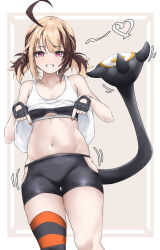 1girl absurdres ahoge aidoruhakase bike_shorts black_gloves blonde_hair breasts brown_hair cleavage clothes_lift dress dress_lift ear_piercing fingerless_gloves gigi_murin gloves grin highres hip_vent hololive hololive_english huge_ahoge lifting_own_clothes looking_at_viewer multicolored_hair navel piercing purple_eyes single_thighhigh small_breasts smile solo stomach streaked_hair tail thighhighs twintails two-tone_hair virtual_youtuber white_dress