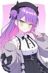 1girl colored_inner_hair ear_piercing frills green_eyes hair_ribbon hat highres hololive kaie long_hair looking_at_viewer multicolored_hair piercing pink_hair purple_hair ribbon sidelocks simple_background sleeveless sleeves_past_wrists smile solo tokoyami_towa v