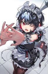 Rule 34 | 1girl, black dress, black hair, breasts, colored inner hair, commentary, cowboy shot, dress, ellen joe, fins, fish tail, from above, highres, looking at viewer, maid headdress, mole, mole under eye, multicolored hair, odyuk1o22, one eye closed, open mouth, red eyes, red hair, red nails, shark girl, shark tail, sharp teeth, signature, stretching, symbol-only commentary, tail, tearing up, teeth, tile floor, tiles, yawning, zenless zone zero