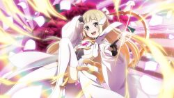 Rule 34 | armor, blonde hair, falling petals, flower, grey eyes, long hair, magical girl, mankai, nogi sonoko, official art, open mouth, petals, smile, thighhighs, white thighhighs, yuuki yuuna wa yuusha de aru, yuuki yuuna wa yuusha de aru: hanayui no kirameki, yuusha de aru