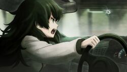 blunt_bangs car car_interior clothing_request collar crack cracked_glass dress driving flat_chest from_side game_cg green_collar green_dress green_eyes green_hair green_trim grey_jacket gunshot highres hiyajou_maho huke jacket jacket_over_dress long_hair long_sleeves looking_to_the_side messy_hair motion_blur motor_vehicle nervous_sweating non-web_source official_art open_mouth rear-view_mirror right-hand_drive ringed_eyes scared shirt shouting steering_wheel steins;gate steins;gate_0 sweat teeth thick_eyebrows tongue v-shaped_eyebrows very_long_hair windshield