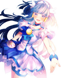 Rule 34 | 1girl, aoki reika, bag bow, blue bow, blue bowtie, blue choker, blue eyes, blue hair, blue shirt, blue shorts, blue skirt, blue wrist cuffs, blunt bangs, blush, bow, bowtie, brooch, choker, coattails, collarbone, cowboy shot, cure beauty, eyelashes, floating clothes, floating hair, hair ornament, hair tubes, happy, jewelry, light particles, long hair, long sidelocks, looking at viewer, magical girl, miniskirt, nachuchoco, open mouth, outstretched hand, palms, pink bow, pleated skirt, pleated sleeves, precure, shirt, short sleeves, shorts, shorts under skirt, sidelocks, signature, simple background, single stripe, skirt, skirt set, smile, smile precure!, solo, standing, striped bow, tiara, very long hair, waist bag, white arm warmers, white background, white bag, wing hair ornament, wrist cuffs