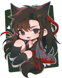 1boy :3 absurdres animal_ears bare_legs bigmac582 black_boots black_eyes black_hair black_hanfu black_shorts boots brown_hair chibi chibi_only chinese_clothes coat fox_boy fox_ears fox_tail full_body grey_coat hair_down hair_ribbon half_updo hand_on_own_chin hanfu heart highres kemonomimi_mode long_hair long_sleeves looking_at_viewer male_focus modao_zushi official_alternate_costume official_alternate_hairstyle open_clothes open_coat open_mouth red_ribbon red_sash ribbon robe sash shorts sidelocks sitting smile solo tail twitter_username wei_wuxian wei_wuxian_(yiling_laozu) wide_sleeves