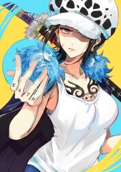 1girl anger_vein black_cape black_hair breasts cape chest_tattoo coll_(erichankun) devil_fruit_power finger_tattoo fur-trimmed_cape fur_trim genderswap genderswap_(mtf) grey_eyes hat large_breasts one_piece solo sword tank_top tattoo trafalgar_law weapon white_hat white_tank_top yellow_background