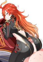 1girl ass biker_clothes bikesuit black_bodysuit black_gloves bodysuit breasts buttjob censored earrings flamestrider_(genshin_impact) genshin_impact gloves heart jewelry long_hair mavuika_(genshin_impact) mosaic_censoring motor_vehicle motorcycle multicolored_hair on_motorcycle orange_eyes orange_hair penis red_hair smile sun_earrings twitching two-tone_hair very_long_hair white_background yuzu_kiro