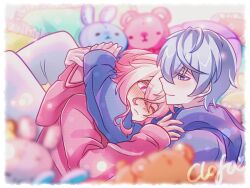 1boy 1girl alternate_costume blue_hoodie blush clofa closed_mouth commentary_request contemporary elsword hood hood_down hoodie hug laby_(elsword) long_sleeves lying noah_ebalon one_eye_closed pants pink_eyes pink_hair pink_hoodie profile purple_eyes purple_hair short_hair signature sleeves_past_wrists smile stuffed_animal stuffed_toy white_pants
