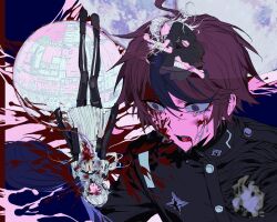1boy 1girl ahoge armor bandaged_arm bandaged_head bandaged_leg bandages barbed_wire black_gloves black_hairband black_streaks bleeding blood blood_in_mouth blood_on_clothes blood_on_face blood_splatter blue_background blue_eyes braid breastplate buttons crying crying_with_eyes_open gakuran gloves hairband highres hole_in_chest hole_on_body injury kirifuji_nozomi last_defense_academy_school_uniform long_hair mint1618680 moon multicolored_hair pool_of_blood red_hair satellite school_uniform short_hair shoulder_armor skirt streaked_hair string string_of_fate sumino_takumi tears the_hundred_line_-last_defense_academy- white_hair