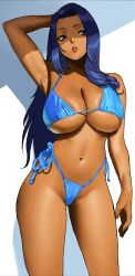 Rule 34 | 1girl, arm behind head, arm up, armpits, bare arms, bare shoulders, bikini, blue bikini, blue eyes, blue hair, breasts, cessa, commentary, commission, cowboy shot, dark-skinned female, dark skin, highleg, highleg bikini, highres, large breasts, long hair, looking to the side, marsha thompson, micro bikini, navel, parted lips, shade, side-tie bikini bottom, sideways glance, solo, standing, string bikini, swimsuit, tatakau ni atai suru, very long hair