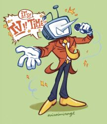 1boy ant_tenna black_pants commentary crt deltarune english_commentary english_text full_body gloves green_background highres holding holding_microphone male_focus microphone miroimirage necktie object_head outstretched_arm pants pointy_nose shirt shirt_tucked_in shoes signature smile solo sparkle speech_bubble tailcoat white_gloves white_shirt yellow_necktie yellow_shoes