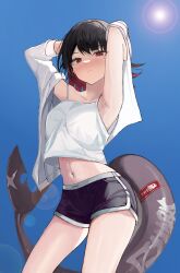 1girl absurdres armpits arms_behind_head black_hair black_shorts blue_sky breasts camisole colored_inner_hair commentary_request dolphin_shorts ellen_joe fins fish_tail highres jacket korean_commentary large_breasts le_b2772 midriff_peek multicolored_hair navel outdoors red_eyes red_hair shark_girl shark_tail shorts sky solo sun tail thighs two-tone_hair white_camisole white_jacket zenless_zone_zero