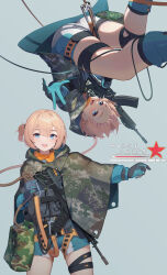 1girl absurdres assault_rifle bag blonde_hair blue_eyes blue_gloves camouflage carabiner chinese_text cloak db1s gloves gun highres load_bearing_vest military_uniform multiple_views open_mouth original paratrooper people&#039;s_liberation_army qbz-191 reaching reaching_towards_viewer red_star rifle shorts star_(symbol) teeth thigh_strap upper_teeth_only weapon