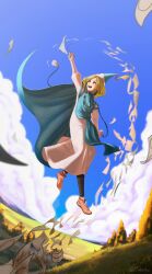 1girl black_leggings blonde_hair bobertio brown_shoes cloud coco_(tongari_boushi_no_atelier) day flying grass hat landscape leggings magic paper qifrey&#039;s_atelier_apprentice_uniform shoes sky solo tassel tongari_boushi_no_atelier witch
