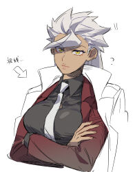 1girl ? black_shirt breasts dark-skinned_female dark_skin dress_shirt genderswap genderswap_(mtf) gundam gundam_tekketsu_no_orphans highres jacket jacket_on_shoulders large_breasts long_hair medium_breasts necktie orga_itsuka partially_colored red_jacket shirt solo sumooo_(ga_ilil) white_background white_hair white_necktie yellow_eyes