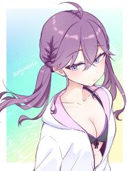 1girl ahoge beach bikini black_bikini blue_eyes blush braid breasts cleavage closed_mouth collarbone commentary_request dot_nose front-tie_bikini_top front-tie_top gakuen_idolmaster hair_between_eyes hood hood_down hooded_jacket idolmaster jacket kaya_rinha long_hair looking_to_the_side medium_breasts ocean partially_unzipped pogii purple_hair sand sideways_glance solo stomach swimsuit twintails twitter_username upper_body water white_jacket