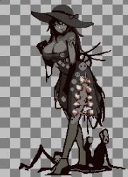 1girl baeloe black_gloves black_hair black_sclera blood blood_on_teeth bow breasts checkered_background cleavage colored_sclera dress extra_faces gloves greyscale hat hat_bow high_heels humanization large_breasts limb_gradient lobotomy_corporation long_hair looking_at_viewer monochrome monster mountain_of_smiling_bodies pixel_art plant project_moon puddle solo standing sun_hat teeth thighs torn_clothes torn_dress vines walking white_eyes