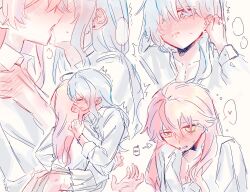 2girls alcohol blue_eyes blue_hair blush collared_shirt commentary drunk fingering french_kiss grabbing_another&#039;s_ear green_eyes grey_skirt hair_over_one_eye hanbaagaakunkan hand_on_another&#039;s_ear heart highres hololive hoshimachi_suisei kiss long_hair multiple_girls pink_hair pleated_skirt pussy_juice pussy_juice_on_fingers sake sakura_miko saliva shirt skirt spoken_heart symbol-only_commentary virtual_youtuber white_shirt yuri