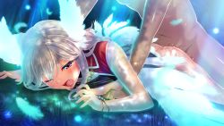 1girl angel_wings ass blonde_hair blush breast_press breasts clothed_female_nude_male clothed_sex clothes_lift feathers game_cg grass highres in_vitro_shoujo large_breasts legs long_hair lying no_panties nude on_stomach open_mouth pink_eyes prone_bone saliva sex sex_from_behind shirt_lift sleeveless solo_focus spread_legs sweat tadano_akira thighs vaginal wince wings