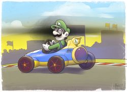 1boy brown_hair driving facial_hair flag hat kart looking_at_viewer luigi mario_(series) mario_kart mario_kart_8 mustache nintendo overalls scary_face solo thebourgyman