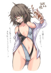 1girl ahoge black_hair breasts brown_eyes casual_one-piece_swimsuit chocolate_cornet commentary_request dated food garnet.planet glasses highleg highleg_one-piece_swimsuit highres jacket jimiko multicolored_swimsuit navel one-piece_swimsuit original short_hair small_breasts solo spiked_hair striped_clothes striped_one-piece_swimsuit swimsuit translation_request vertical-striped_clothes vertical-striped_one-piece_swimsuit white_jacket