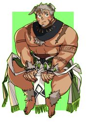 1boy absurdres animal_ears bara blush body_fur chest_hair dog_boy dog_ears facial_hair fang full_body goatee gomeisa_(live_a_hero) green_eyes grey_hair highres large_pectorals live_a_hero looking_at_viewer male_focus muscular muscular_male nipples pectorals pelvic_curtain short_hair sideburns sitting solo tattoo topless_male tribal tribal_tattoo ttn_(239_239) v_arms