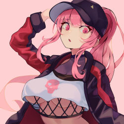 Rule 34 | 1girl, ancortsu, baseball cap, black hat, black jacket, breasts, commentary, crop top, hat, highres, hololive, hololive english, jacket, large breasts, long hair, long sleeves, looking at viewer, mori calliope, mori calliope (streetwear), multicolored jacket, parted lips, pink background, pink eyes, pink hair, red jacket, sidelocks, simple background, solo, two-tone jacket, underboob, upper body, virtual youtuber