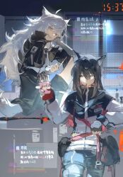 2girls animal_ears arknights black_capelet black_gloves black_hair black_jacket capelet chinese_commentary colored_inner_hair commentary_request fingerless_gloves food food_in_mouth giving_food gloves grey_eyes grin hair_between_eyes hewu639356 highres holding holding_food holding_pocky indoors jacket lappland_(arknights) long_hair long_sleeves looking_at_viewer mouth_hold multicolored_hair multiple_girls pink_hair pocky pocky_in_mouth sharp_teeth sitting sketch smile standing teeth texas_(arknights) timestamp white_hair white_jacket wolf_ears wolf_girl yellow_eyes