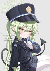 1girl adversarial_noise armband belt black_belt black_hat black_jacket black_shorts blue_archive blue_armband blush buttons commentary_request demon_girl demon_tail double-breasted earrings eyes_visible_through_hair feet_out_of_frame film_grain finger_to_mouth from_side gloves green_hair green_halo grey_background grin hair_between_eyes halo hand_up hat highres index_finger_raised jacket jewelry long_hair long_sleeves looking_at_viewer momonexmomo nozomi_(blue_archive) pantyhose peaked_cap pointy_ears shorts sidelocks simple_background sitting smile solo tail tail_raised tsurime twintails twitter_username very_long_hair watermark white_gloves white_pantyhose yellow_eyes