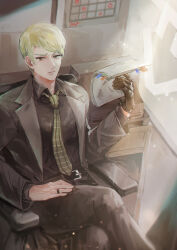 1boy anupatten belt black_gloves blonde_hair calendar_(object) chair crossed_legs formal_clothes furrowed_brow gloves highres holding holding_paper jewelry lapels library_of_ruina looking_at_viewer necktie office_chair paper project_moon ring sitting solo suit swivel_chair yun_(project_moon)