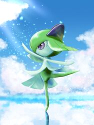 blue_sky cloud colored_skin dancing gen_3_pokemon green_hair green_skin highres horns kirlia multicolored_skin nintendo pokemon pokemon_(creature) purple_eyes redamber334 sidelocks sky smile two-tone_skin white_skin