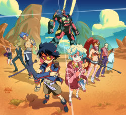 Rule 34 | 3girls, 5boys, absurdres, artist name, bandaged leg, bandages, belt, black hair, blue hair, blue sky, boota (ttgl), cloud, crossed arms, fingerless gloves, gainax, gleam, gloves, goggles, green hair, gun, gurren-lagann, highres, holding, holding weapon, jacket, kamina (ttgl), kamina shades, kittan bachika, kiyal bachika, leeron littner, letro, long hair, mecha, multiple boys, multiple girls, nia teppelin, ponytail, purple hair, rifle, robot, rock, rossiu adai, shadow, simon (ttgl), sky, smile, sunglasses, sword, tengen toppa gurren lagann, topless male, v, weapon, yoko littner