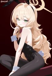 1girl absurdres animal_ear_hairband animal_ears backless_leotard bare_arms bare_shoulders black_hairband black_leotard black_pantyhose blonde_hair blue_archive blush bow bowtie detached_collar fake_animal_ears fake_tail fluffy_hair green_eyes hairband highres leotard long_hair pantyhose parted_lips playboy_bunny potgit professor_niyaniya_(blue_archive) rabbit_ear_hairband rabbit_ears rabbit_tail red_bow red_bowtie sidelocks smile solo strapless strapless_leotard tail very_long_hair wrist_cuffs