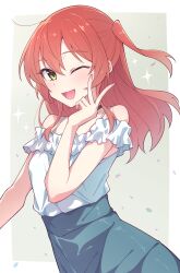 Rule 34 | 1girl, alternate costume, aqua background, bare shoulders, bocchi the rock!, border, casual, commentary request, e20, falling petals, frilled shirt, frills, green eyes, grey skirt, hair between eyes, high-waist skirt, highres, kita ikuyo, looking at viewer, off-shoulder shirt, off shoulder, one eye closed, one side up, open mouth, outside border, petals, pink petals, red hair, shirt, simple background, skirt, smile, solo, sparkle, sparkling aura, upper body, v, white border