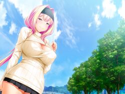 Rule 34 | 1girl, azarin (kouyoku senki exs-tia), blonde hair, blue sky, blush, breasts, cleavage, cleavage cutout, clothing cutout, cloud, covered erect nipples, day, game cg, hair intakes, hairband, headband, kouyoku senki exs-tia, large breasts, long hair, long sleeves, looking at viewer, low ponytail, meme attire, miniskirt, non-web source, official art, open-chest sweater, outdoors, pink eyes, pink hair, pleated skirt, ponytail, ribbed sweater, satou kuuki, skirt, sky, smile, solo, sweater, tree, turtleneck, variant set
