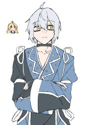 1boy 1girl ahoge black_choker black_vest blonde_hair blush choker closed_mouth collarbone commentary crossed_arms deetamu expressionless glasses grey_hair highres japanese_clothes kirisame_marisa long_sleeves morichika_rinnosuke no_headwear simple_background solo_focus touhou vest white_background wide_sleeves yellow_eyes
