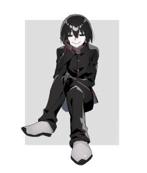 Rule 34 | 1boy, absurdres, black eyes, black gloves, black hair, black jacket, black pants, bob cut, closed mouth, commentary request, crossed legs, empty eyes, full body, gakuran, gloves, grey background, grey shoes, hair between eyes, hand on own cheek, hand on own face, hand on own knee, hand up, highres, invisible chair, jacket, long sleeves, looking at viewer, male focus, manimani (mani ma), monogatari (series), naoetsu high school uniform, oshino ougi, pants, school uniform, shoes, short hair, simple background, sitting, smile, solo